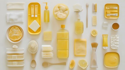 Assorted yellow objects arranged neatly on white background, daily essentials variety, simplistic aesthetic flat lay photography. AI - obrazy, fototapety, plakaty