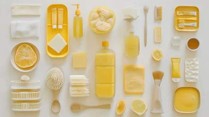 Deurstickers Assorted yellow objects arranged neatly on white background, daily essentials variety, simplistic aesthetic flat lay photography. AI © Irina Ukrainets