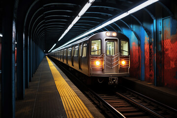 Subway tunnel illuminated by the lights of an approaching train. Generative AI