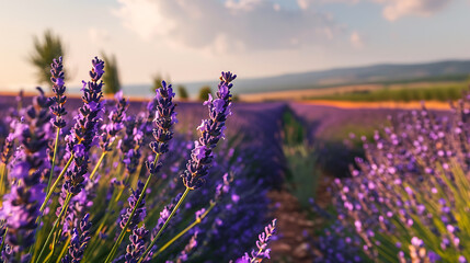 Sunset Glow Over Lavender Fields with Distant Mountains