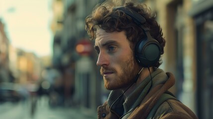 Young man with headphones lost in thought on city street. casual urban style, contemplative mood captured. modern lifestyle portrait. AI - obrazy, fototapety, plakaty