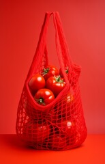 Eco-Friendly Shopping: Red Tomatoes in a Red Mesh Bag on a Red Background. Minimalistic Food concept