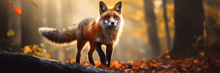 realistic fox with bushy tail and black ears, walking on a dirt path through a forest with tall trees and colorful leaves, with rays of sunlight and mist creating magical atmosphere - obrazy, fototapety, plakaty