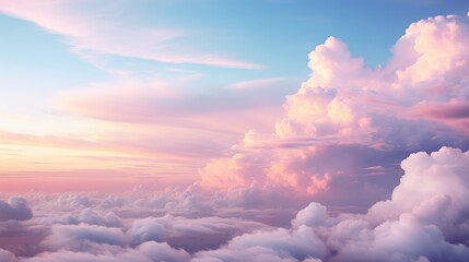 Blue sky with fluffy pink clouds at sunset, dawn of the day. Warm pastel colors, serene romantic background.