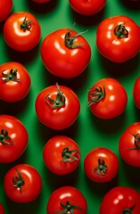 Pattern composition of red tomatoes on green background. Minimalist isometric food concept.