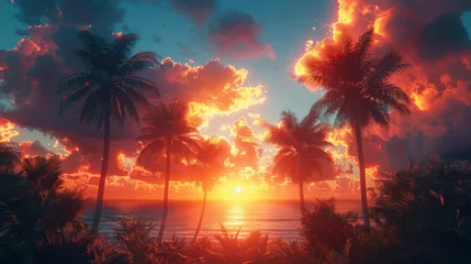 Foto auf Glas Vintage Retro Filtered Hawaii Palm Trees At Sunset. © Matthew