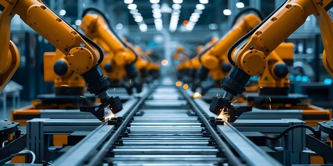 Busy factory floor with robot arms assembling products creating sparks during manufacturing. Concept Factory Automation, Robot Assembly, Manufacturing Sparks, Industrial Production - obrazy, fototapety, plakaty