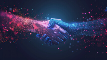 Handshake in digital futuristic style. The concept of partnership - obrazy, fototapety, plakaty