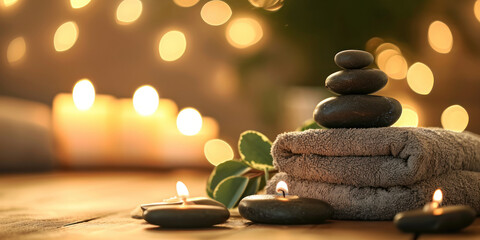 Massage Stones With Towels And Candles blurred Background Spa Concept