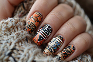 Close-up nail art with bohemian spirit, earthy tones, tribal patterns, relaxed and adventurous mood. Glamour woman hand with nail polish on her fingernails. Nail art and design.