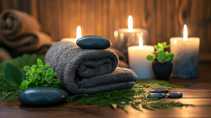 Obraz na płótnie Canvas Towel fern candles black hot stone wooden background spa treatment relax concept copy spa