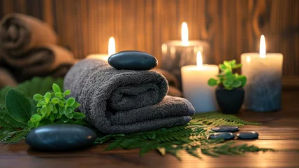 Papier Peint photo Lavable Spa Towel fern candles black hot stone wooden background spa treatment relax concept copy spa