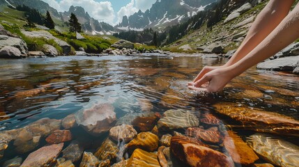 Autumn mountain river with streams, surrounded by lush greenery, rocks, and trees in the Alps, creating a serene natural landscape perfect for outdoor adventures and tourism