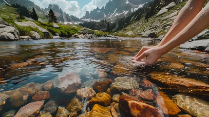 Deurstickers Autumn mountain river with streams, surrounded by lush greenery, rocks, and trees in the Alps, creating a serene natural landscape perfect for outdoor adventures and tourism © Ubix
