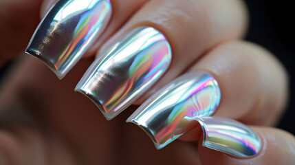 Close-up nail art with futuristic silver, holographic effects, sleek and modern feel. Glamour woman hand with nail polish on her fingernails. Nail art and design. - obrazy, fototapety, plakaty