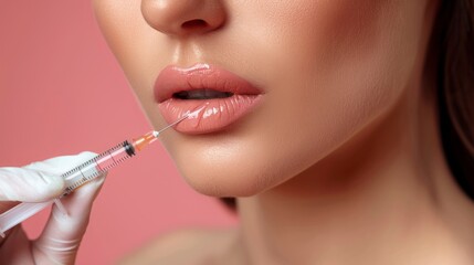 beautiful lips of a girl injecting for natural increase in lip thickness in high resolution and high quality. concept injections, implants, increase, thickness, lips, woman - obrazy, fototapety, plakaty