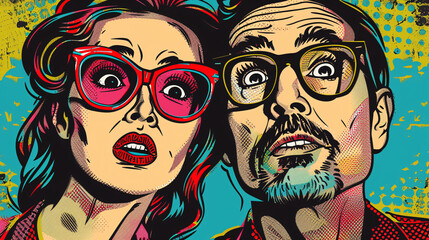 Close-up of a father and daughter in pop art style, their vibrant expressions hiding a troubled past