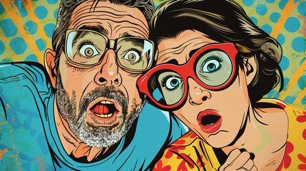 Close-up of a father and daughter in pop art style, their vibrant expressions hiding a troubled past