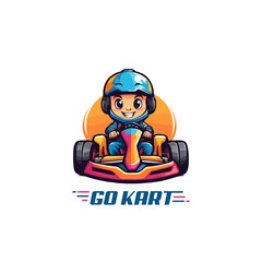 Karting Vector Mascot logo design template. Go Kart racing illustration in colorful design, good for event logo, t shirt design and racing team logo. cartoon fun racing logo illustration