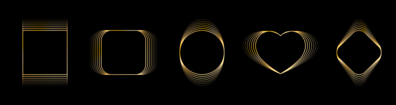 Set of gold abstract frames on a black background. Blended lines effect. Geometric shapes: square, circle, heart, rhombus