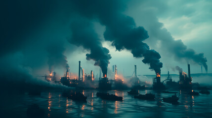a large company generating a lot of pollution, pollution, pollution, environmental care  - obrazy, fototapety, plakaty