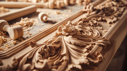 Close up of wood carving with chisels and wood shavings on the table, a beautiful ornate carved wooden frame