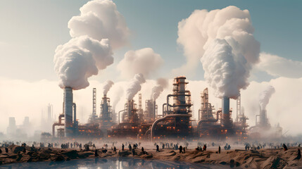 a large company generating a lot of pollution, pollution, pollution, environmental care  - obrazy, fototapety, plakaty