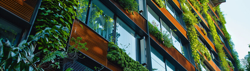 Sustainable building exterior made of recycled materials, featuring living green walls and water conservation systems. Sustainable green building. Eco-friendly building. Green architecture. - obrazy, fototapety, plakaty