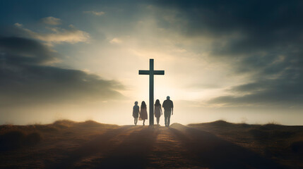 a family around a cross, a united family walking towards a cross, christian concept