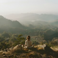 Naklejka premium Person sitting atop mountain amidst nature, enjoying serene green landscape, in tranquil meditation