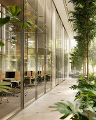 Contemporary office with transparent glass walls, surrounded by natural greenery, emphasizing transparency and sustainability. Sustainable green building. Eco-friendly building. Green architecture.