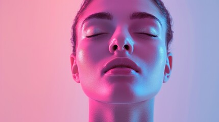 Woman with closed eyes in colorful neon lighting. Studio portrait photography. Beauty and skincare concept.