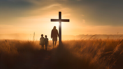 a family around a cross, a united family walking towards a cross, christian concept - obrazy, fototapety, plakaty