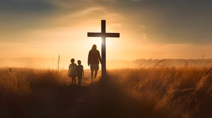 Foto op Plexiglas a family around a cross, a united family walking towards a cross, christian concept © Gomez