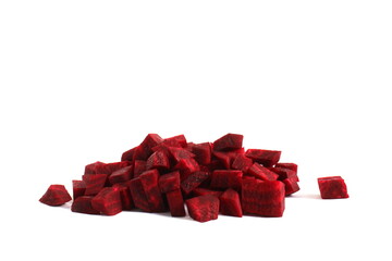 Diced red beets lie in a pile on a white background.	