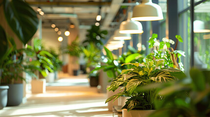 Corporate environment enhanced with oxygen-producing plants, illustrating a commitment to employee health and eco-friendliness. Sustainable green building. Eco-friendly building. Green architecture. - obrazy, fototapety, plakaty