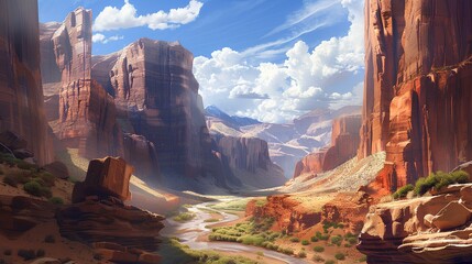 Grand Canyon State Landscape: A scenic view of the majestic Grand Canyon National Park in Arizona, showcasing its towering red rocks, desert terrain, and breathtaking natural beauty - obrazy, fototapety, plakaty