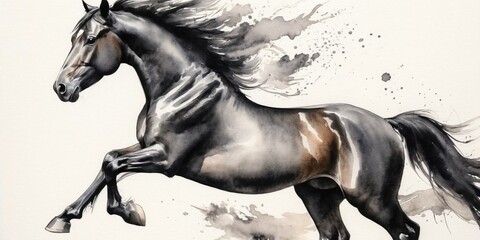 Art of a galloping black horse on a white background.