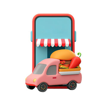 Mobile phone app for food delivery, isolated on white or transparent background, 3D style.