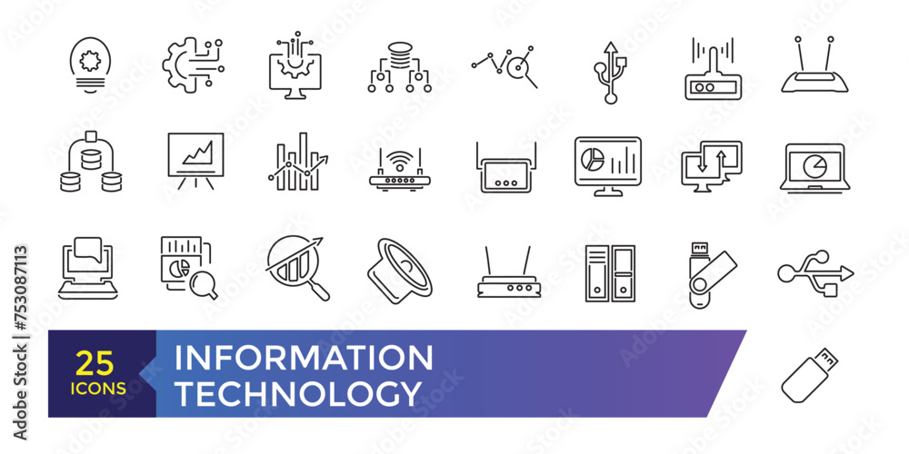 Poster information technology machine learning, data analysis thin line icons set vector illustration. outl