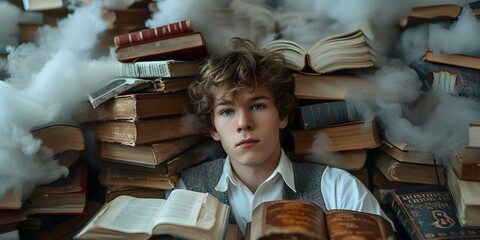 A dreamy young man lost in books and clouds embracing the literary world. Concept Fantasy World, Dreamy Portrait, Book Lover, Cloudy Sky, Literary Escape