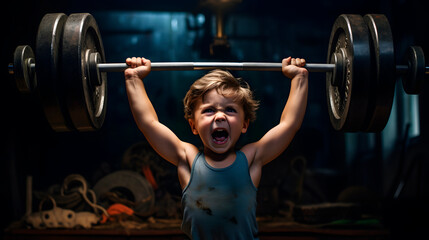 a child lifting weights, baby exercising, sports concept