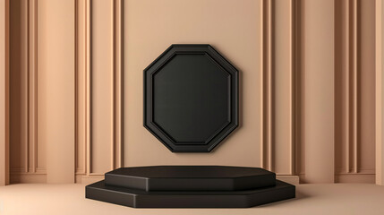 Empty product podium with black pentagon, felt material, minimal style, set against a classic art deco background