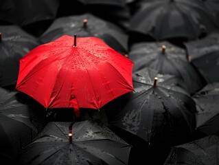 Red Umbrella Among Black Umbrellas