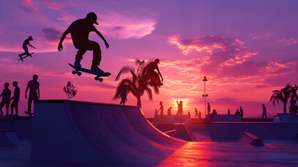 Energetic 3D skate park scene with skateboarders performing dynamic tricks at dusk