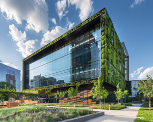 Exterior of a green-certified corporate building, showcasing sustainable design and energy efficiency in a modern city setting. Sustainable green building. Eco-friendly building. Green architecture. - obrazy, fototapety, plakaty