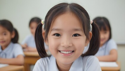 Portrait of cute Asian kid, child in school, classroom. 