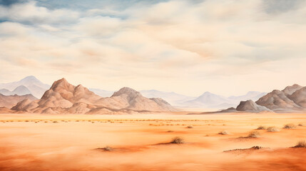 Fototapeta na wymiar watercolor of a desert, desert painting, mountains in the desert