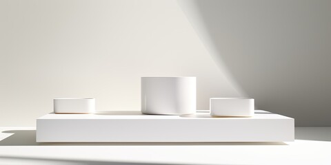 Sleek contemporary display for cosmetics - white square podiums in sunlight with white background and shadows, vertical.