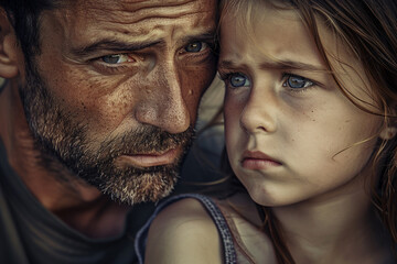Father and daughter, portrayed in a vintage close-up, their somber demeanor speaking volumes of unvoiced discontent - obrazy, fototapety, plakaty
